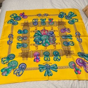 Hermes Les Rubans Du Chuval Yellow Silk Scarf with Multicolor Pattern